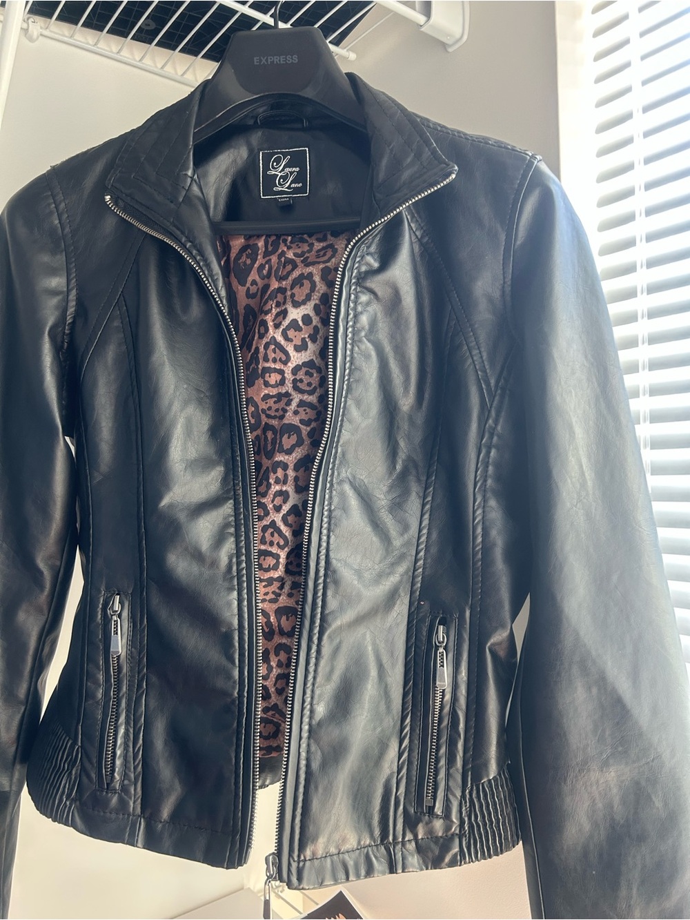 YMI Black Faux Leather Jacket with Leopard Lining